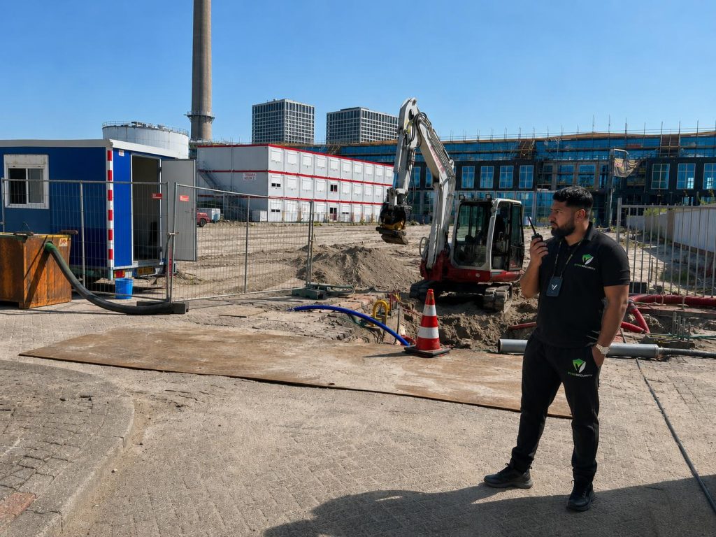 Man communiceert op bouwplaats met walkietalkie